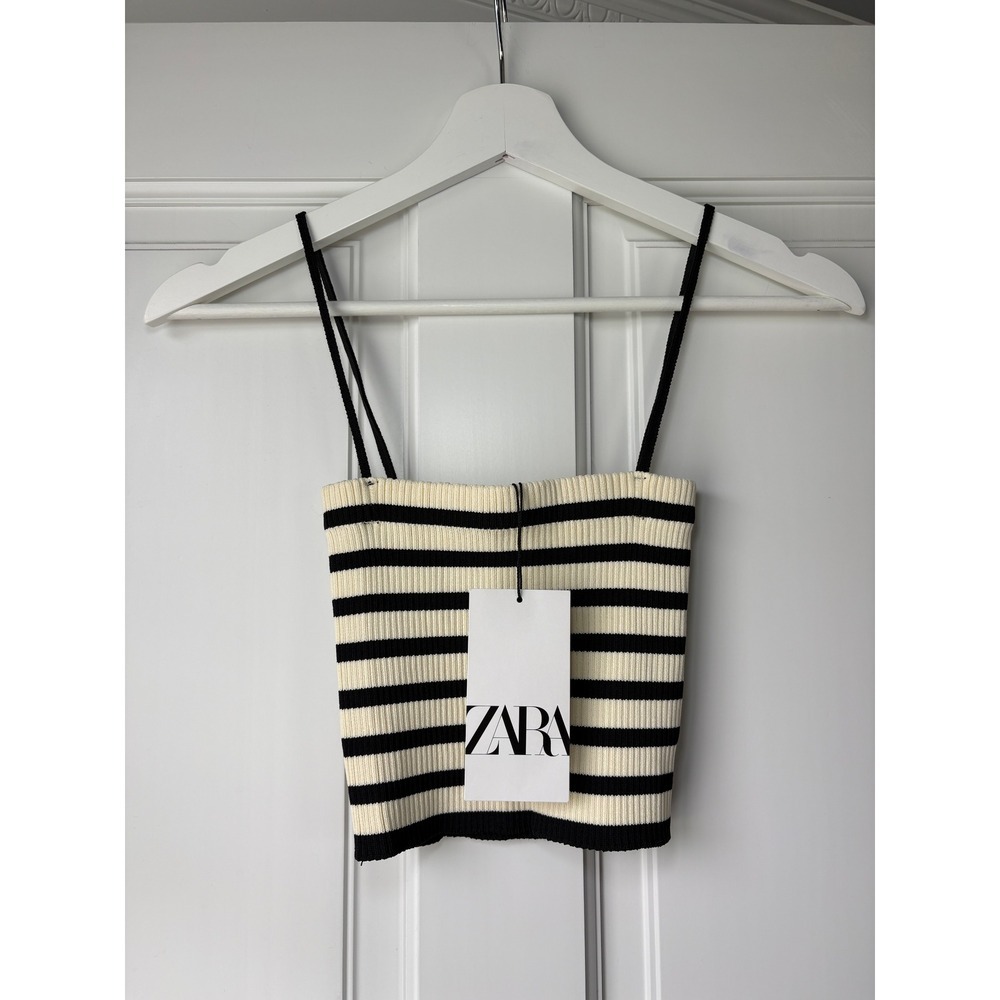 NWT Zara Striped Knit Camisole Crop Top Small Cream Black Ribbed Spaghetti Strap
